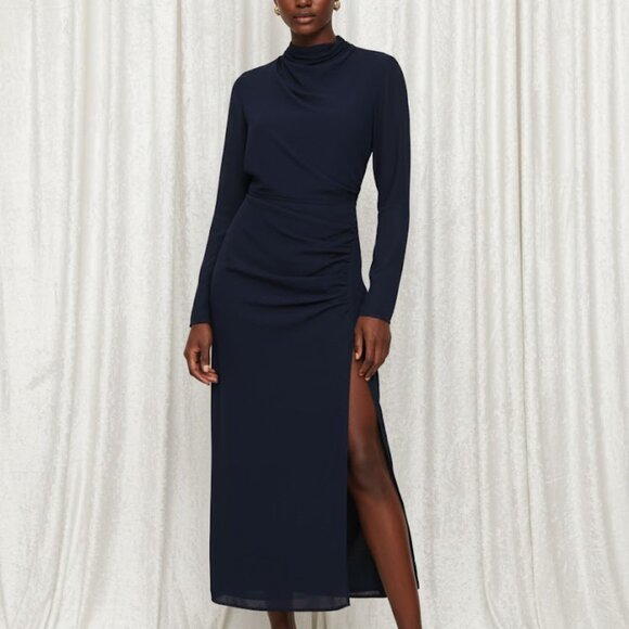 NWT Reformation Tilda in Navy Long Sleeve Ruched Side Slit Midi Dress 8